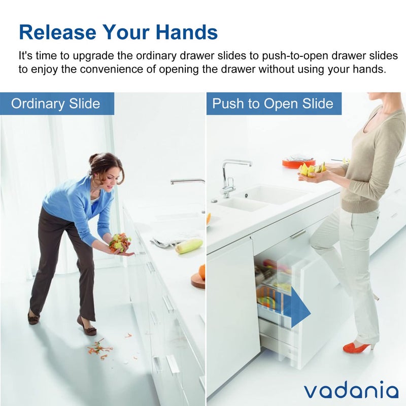 VADANIA 20" Push to Open Drawer Slide, #VF1245, 3-Fold Full Extension, Heavy Duty 100lb Load Capacity, Especially for Handleless Cabinet & Drawer, Ball Bearing, Side Mount, Black, 1-Pair - Image 2